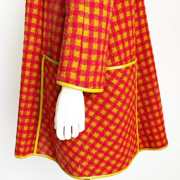 Bonnie Cashin for Sills Coat Large Pocket Pink Check Wool Lime Leather Trim 60s - Picture 6 of 14